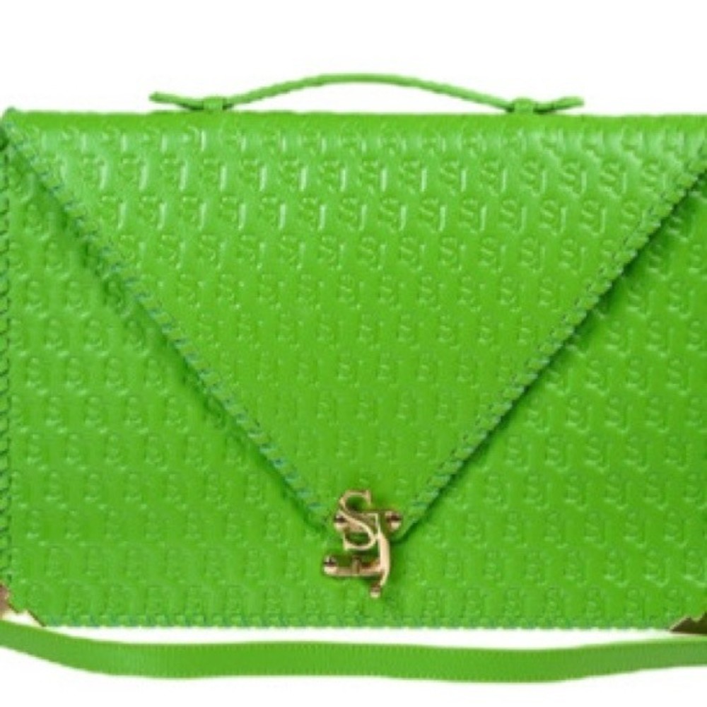 Sassy Jones Neo Green Embossed Leather Laptop Case Oversized Envelope Clutch NEW - Picture 7 of 9